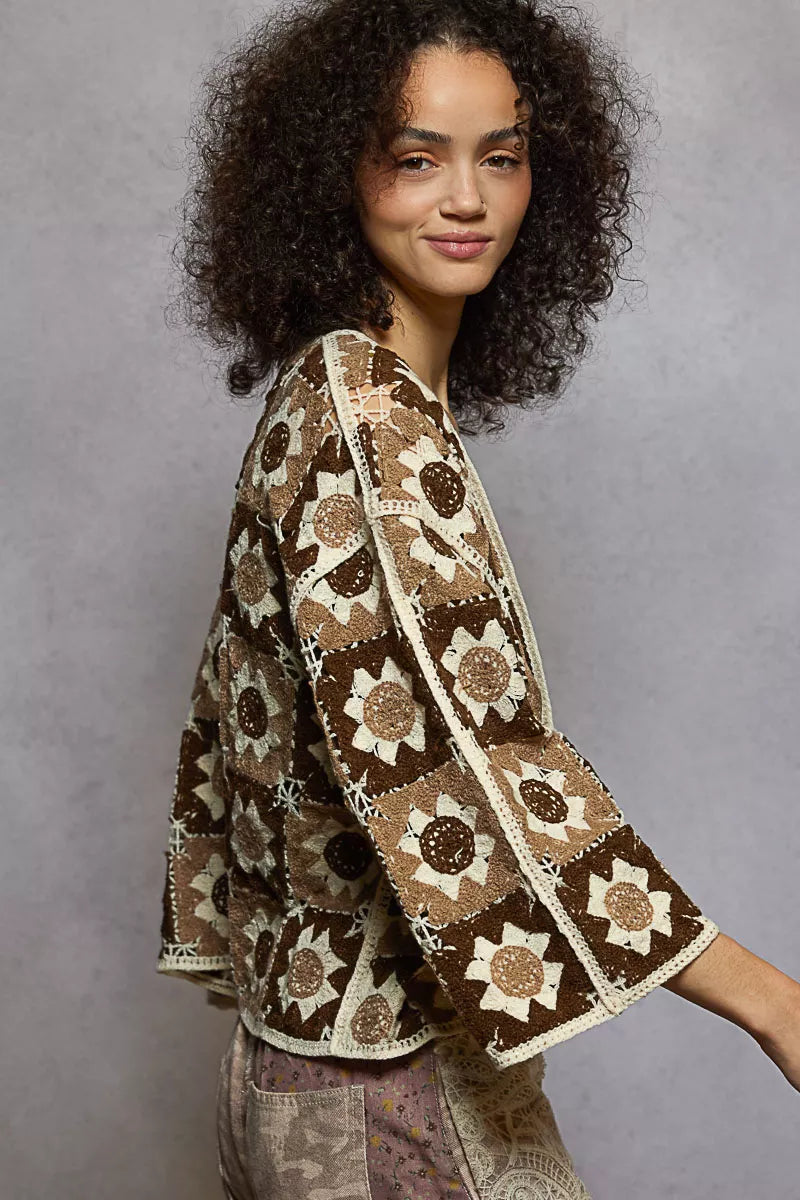 POL Open Front Cardigan with Varied Patterns