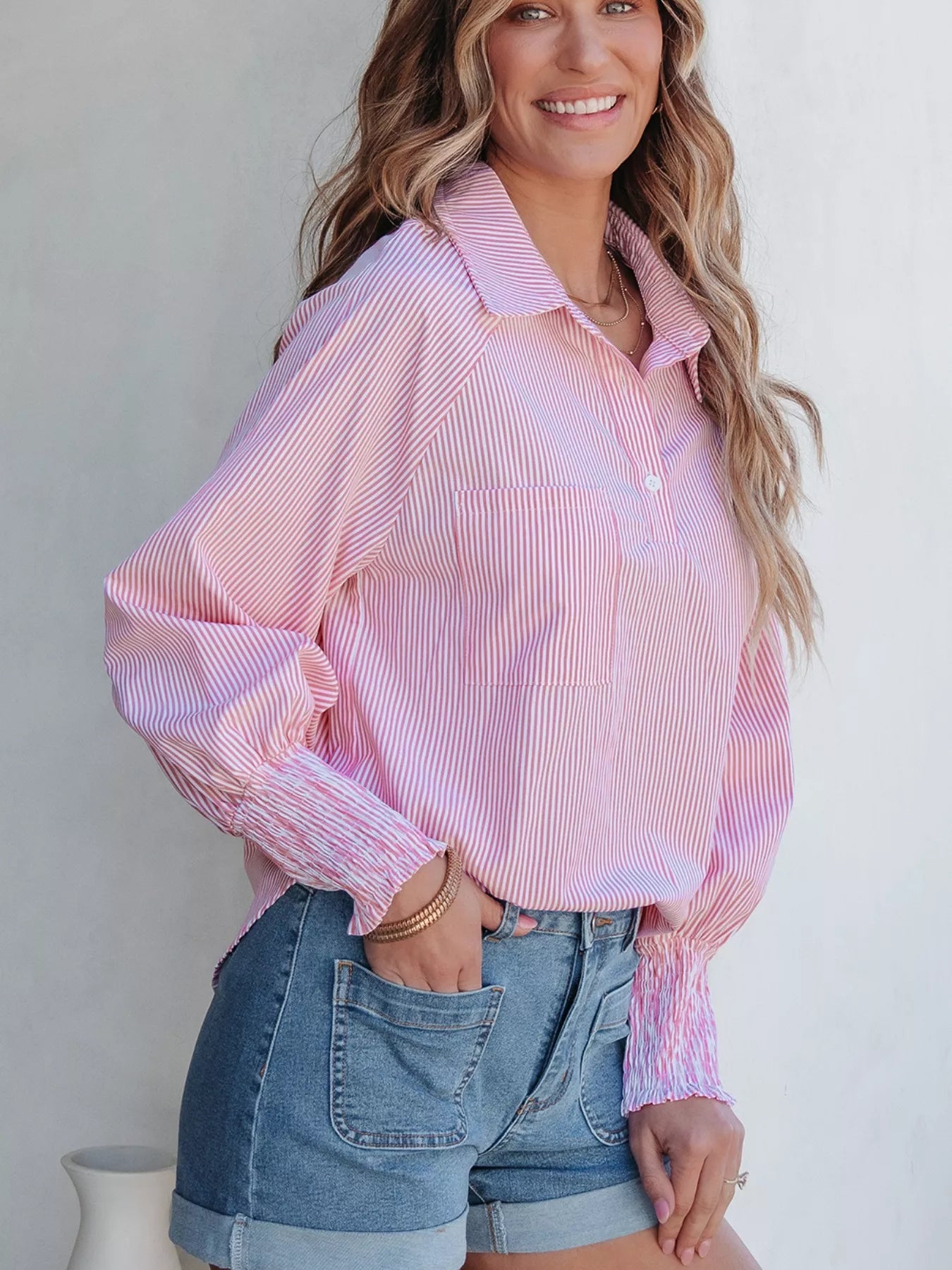 Pinstripe Long Sleeve Smocked Cuffs Button Shirt Collar Blouse