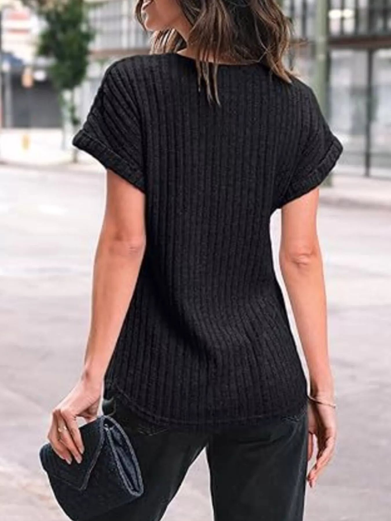 Casual Ribbed Knit Short Sleeve T-Shirt