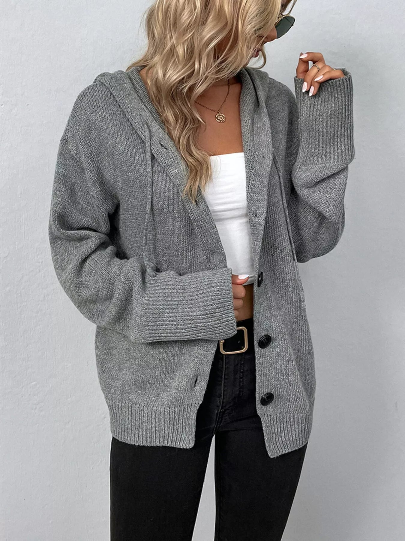 Full Size Cozy Knit Hooded Button-Down Cardigan Plus Size