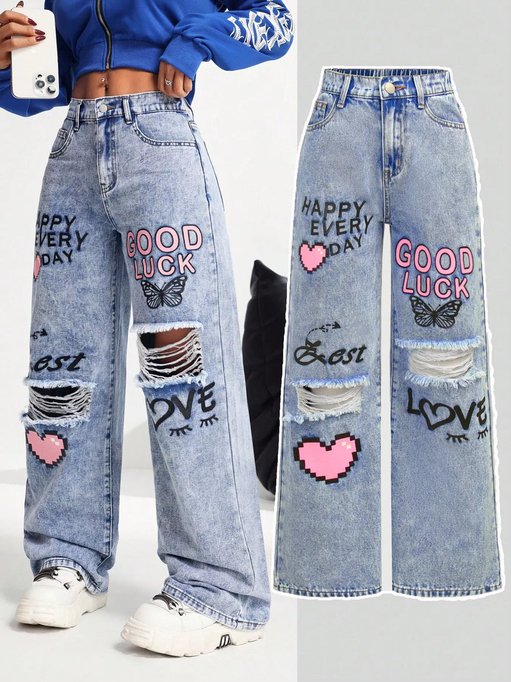 Graffiti Print Ripped Wide Leg Jeans