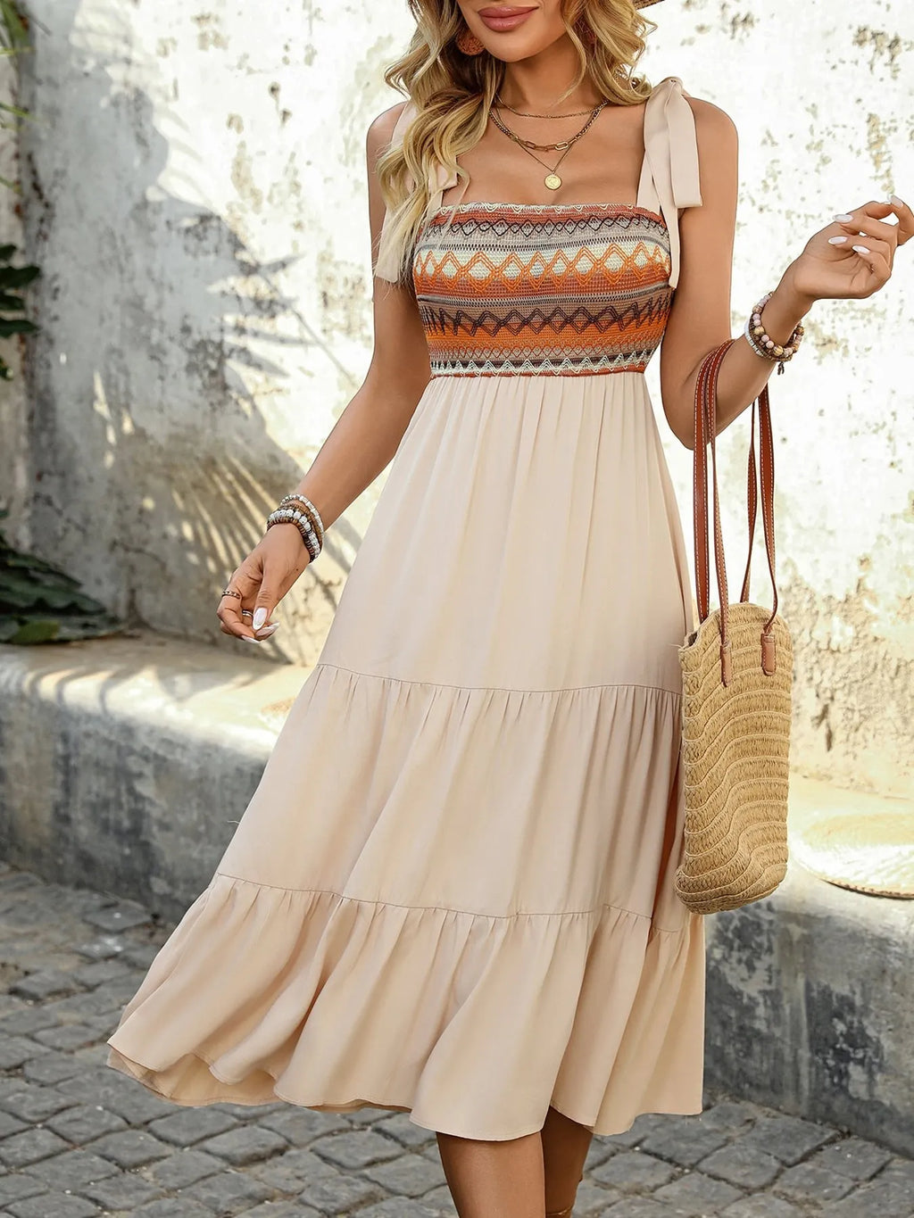 Tiered Tie Shoulder Midi Dress