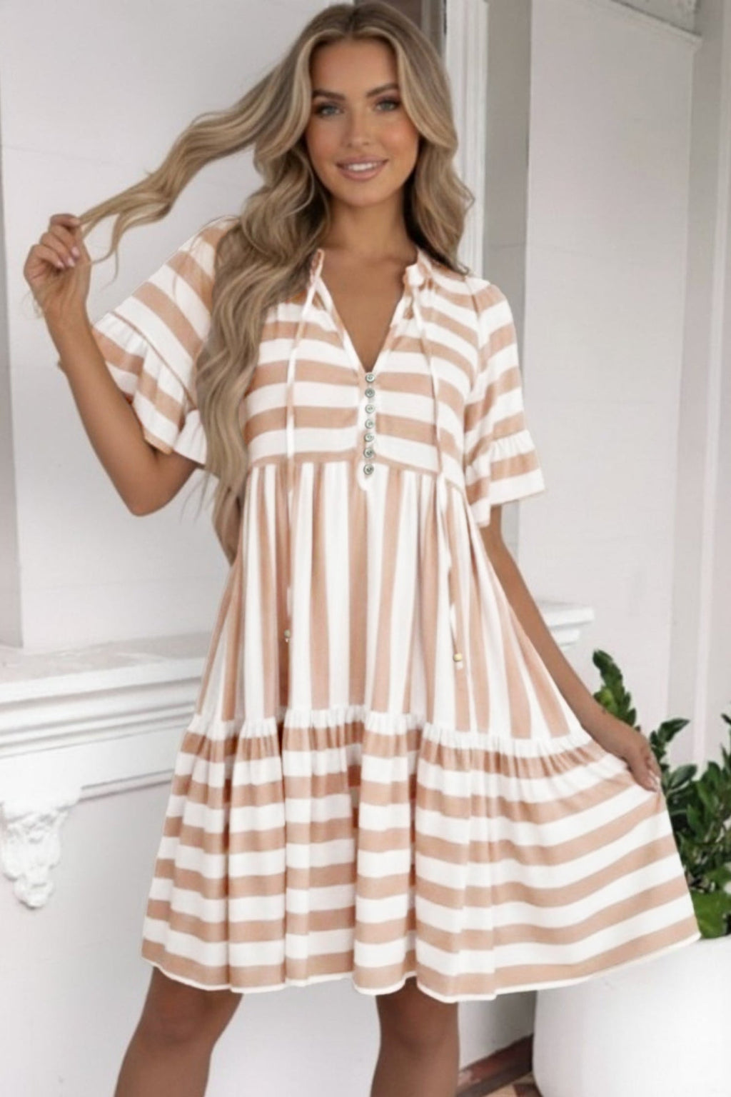 Stripe Tie V-Neck Ruffle Trim Mini Dress