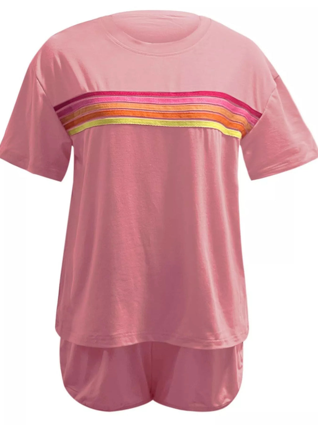 Rainbow Striped Round Neck Top and Shorts Set