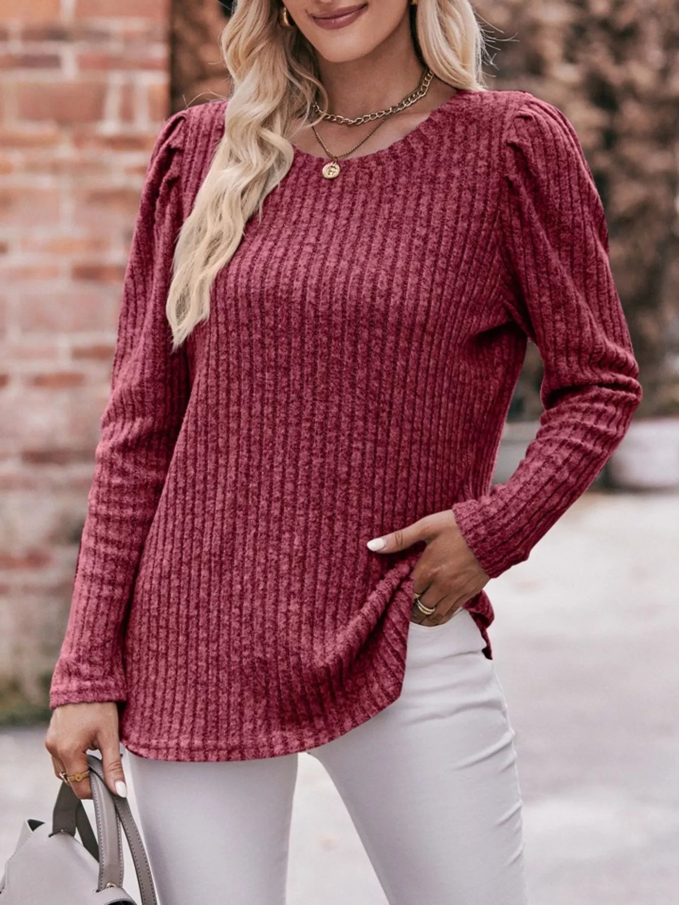 Ribbed Knit Puff Sleeve T-Shirt