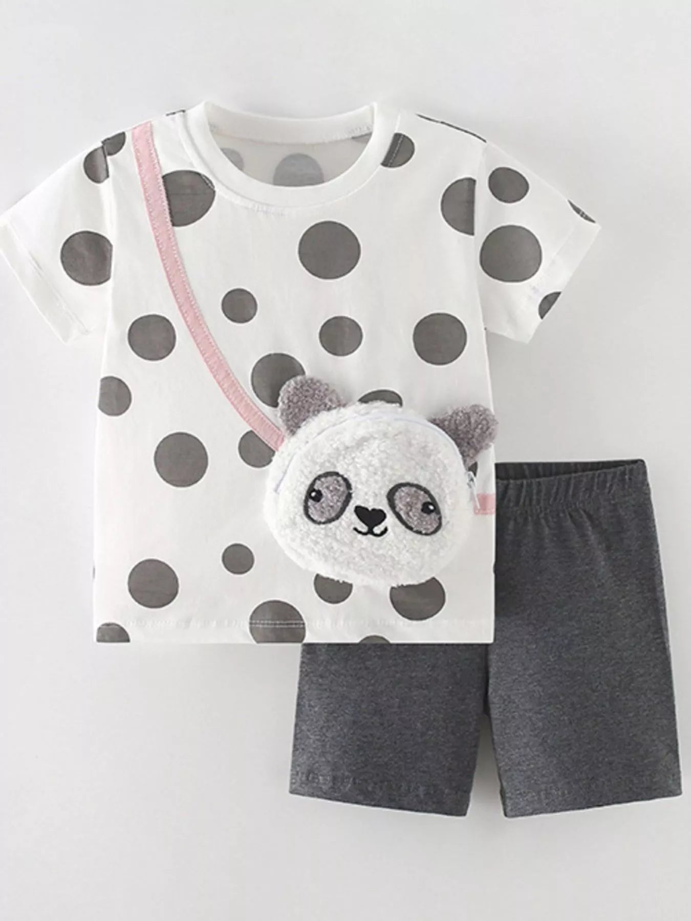 Children's Panda Bag Polka Dot T-Shirt & Shorts Set