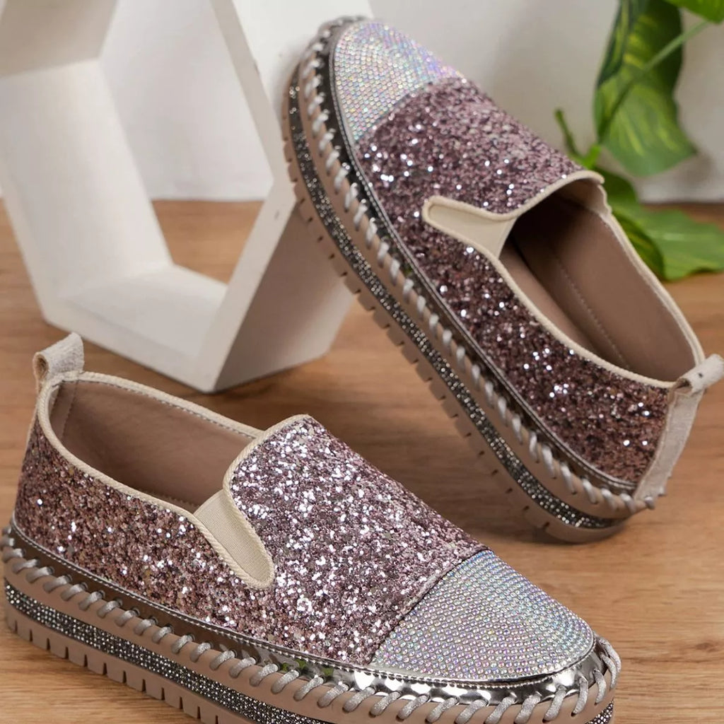 Rhinestone Sequin Round Toe Platform Loafers