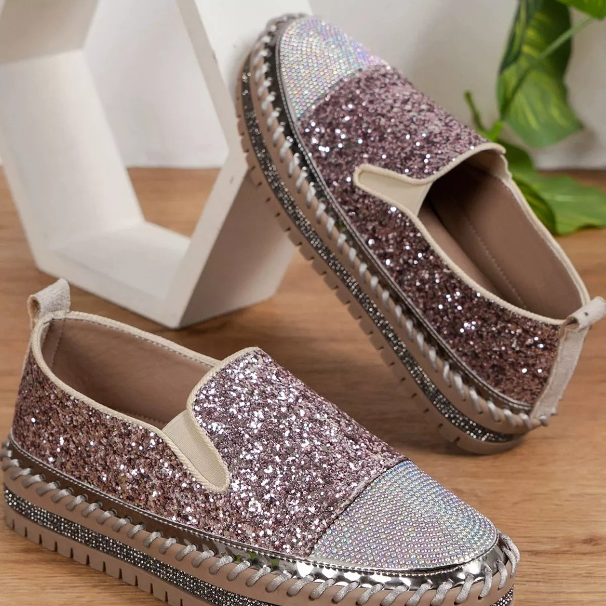 Rhinestone Sequin Round Toe Platform Loafers