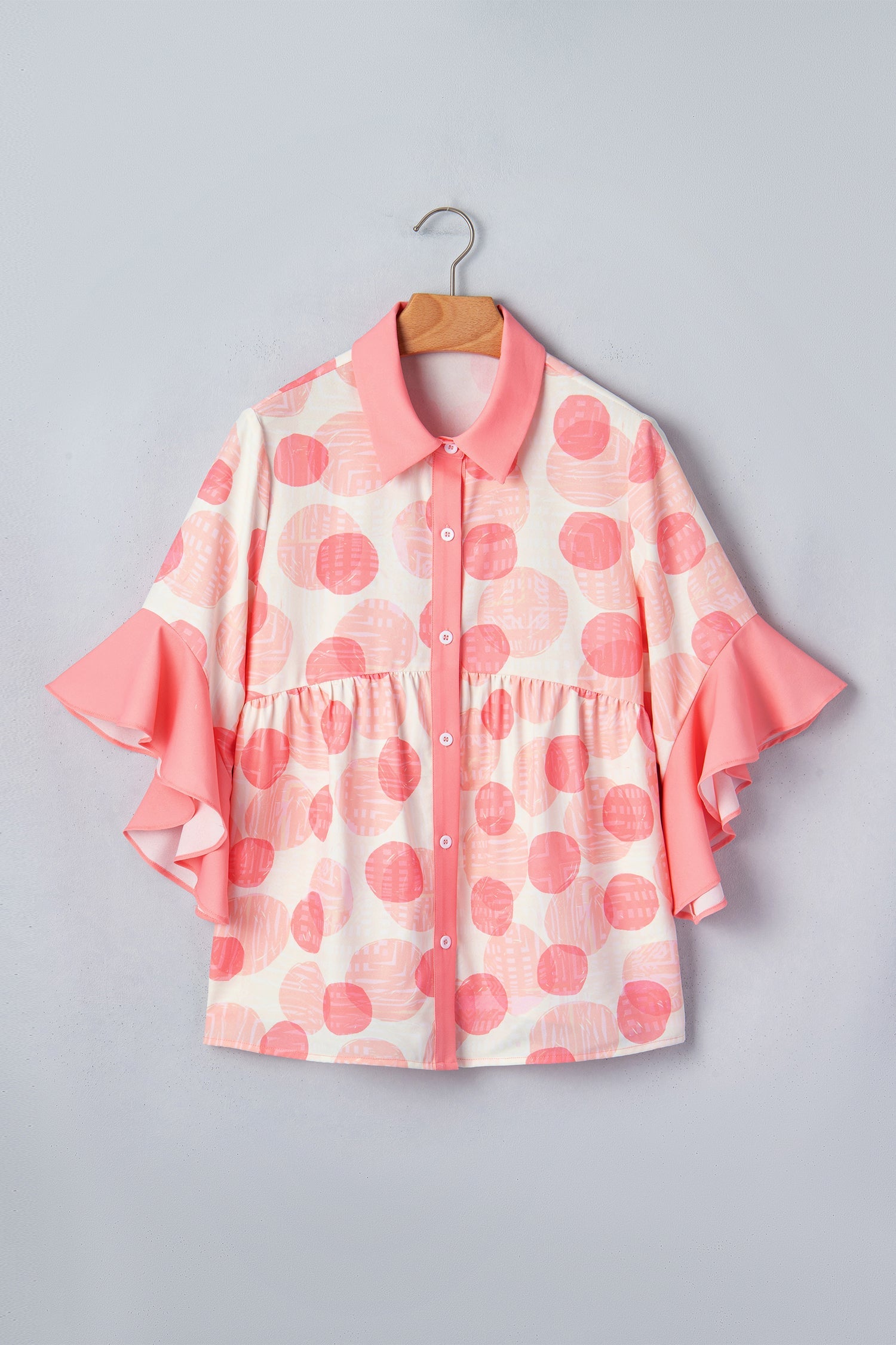 Double Polka Dot Printed Ruffle Trim Short Sleeve Babydoll Shirt