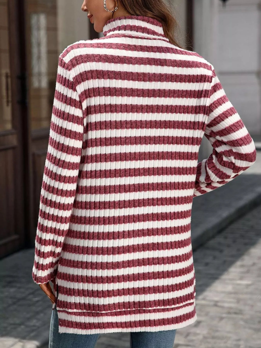 Striped Turtleneck Long Sleeve Knit Top