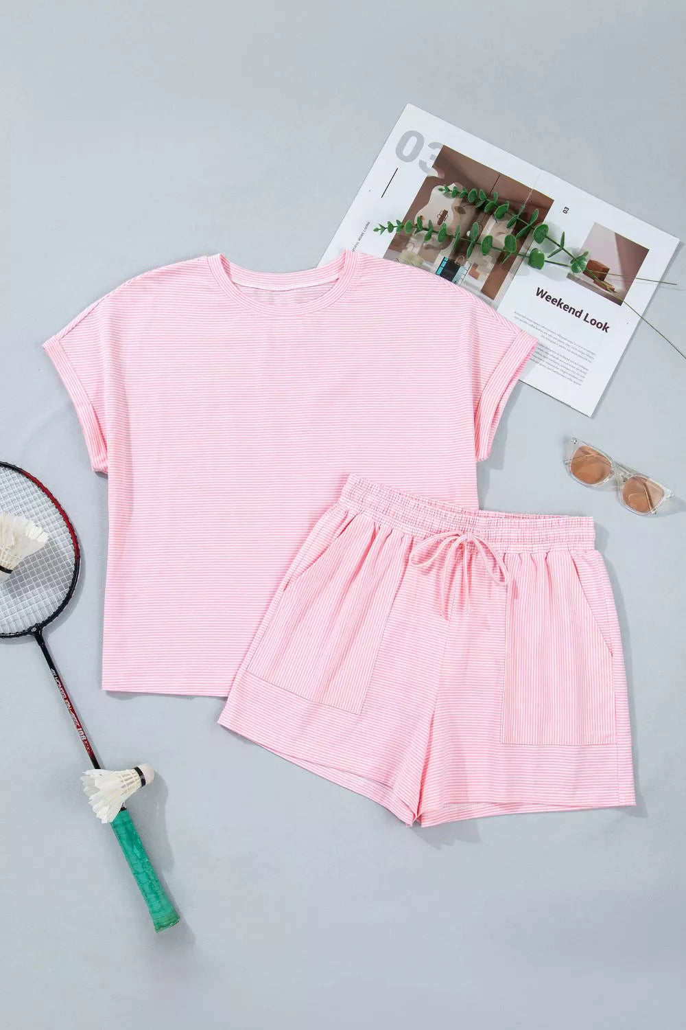 Stripe Matching Oversized Tee and Drawstring Shorts Set