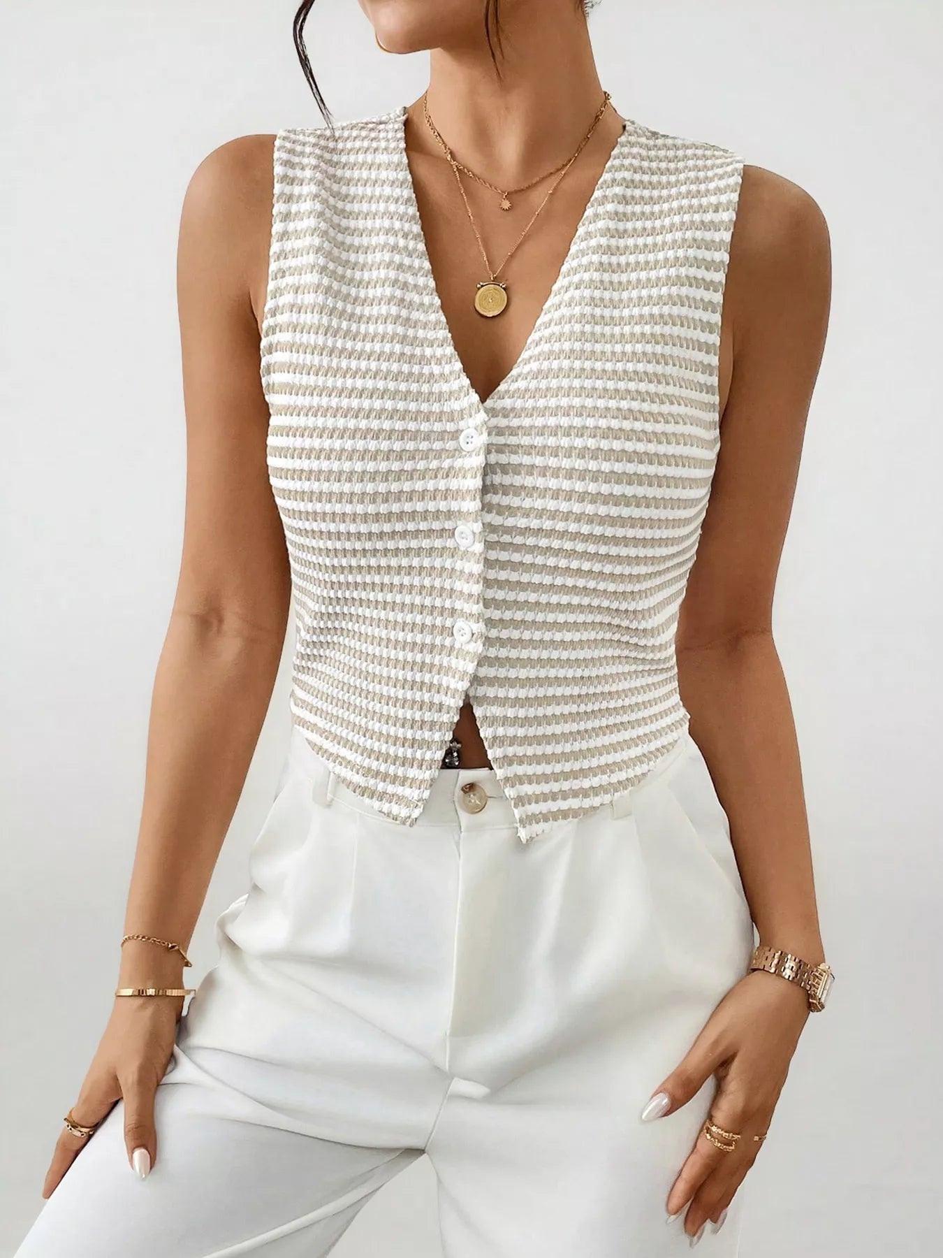 Striped Button-Down Cropped Sweater Vest