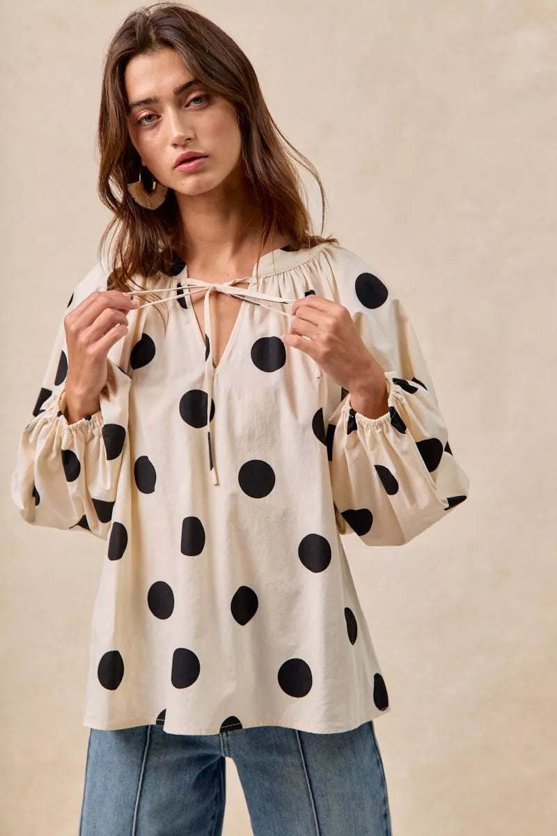 BiBi Polka Dot Exaggerated Balloon Sleeves Blouse