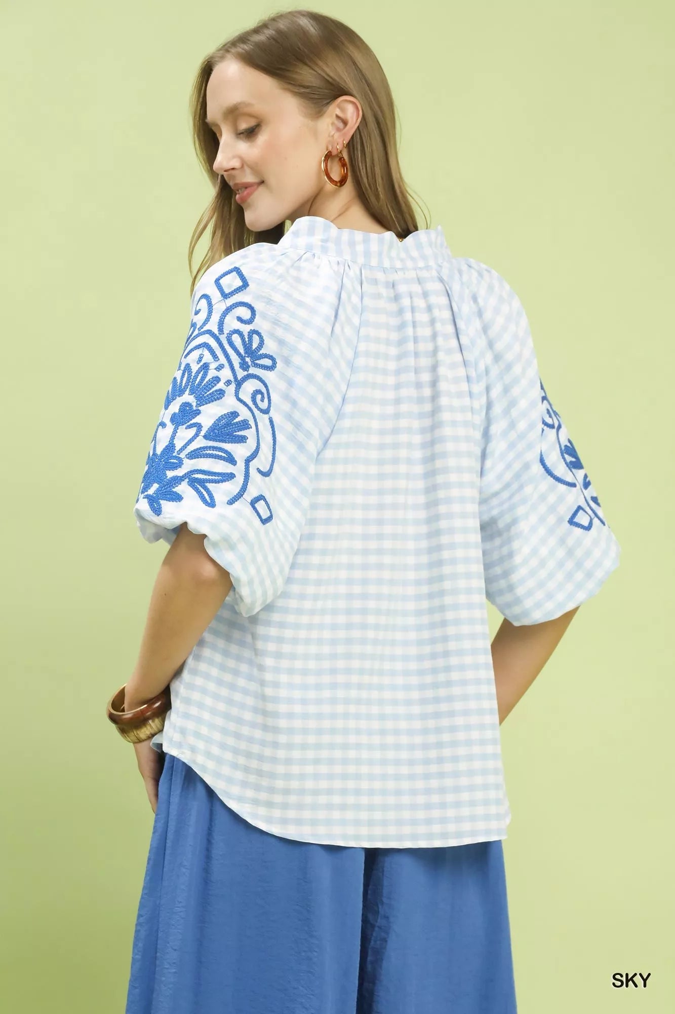 Umgee Gingham Embroidered Balloon Sleeve Top