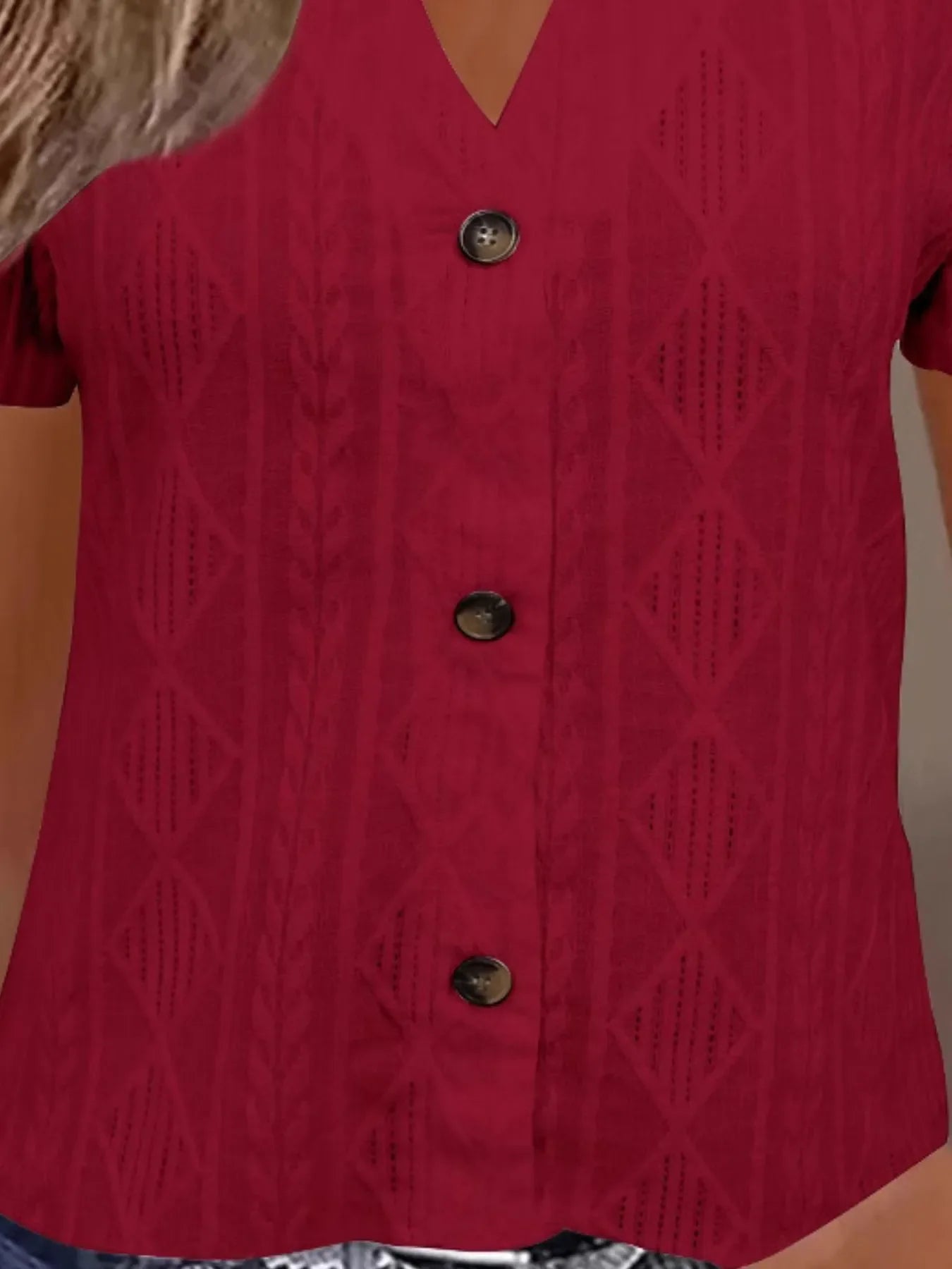 Textured Notched Short Sleeve Blouse