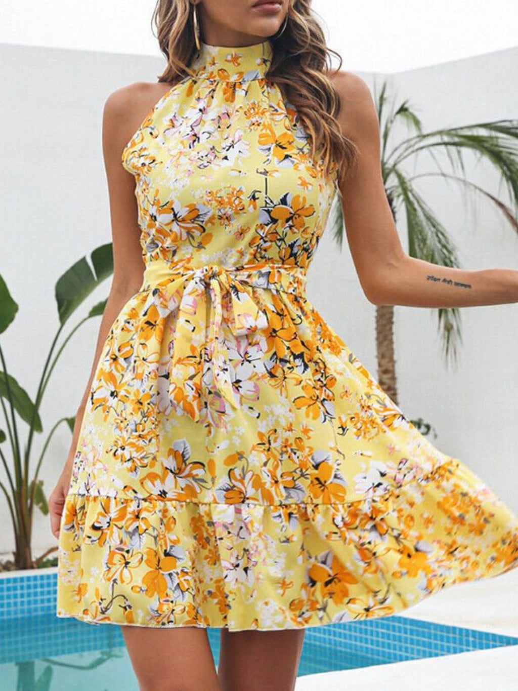 Floral Print Halter Neck Mini Dress