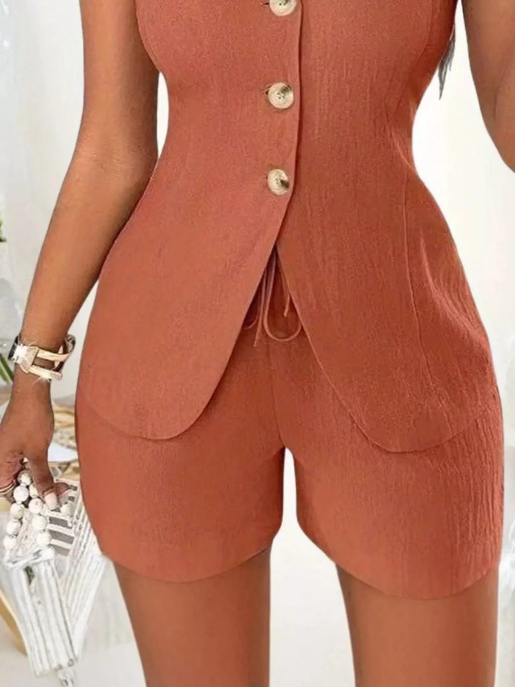 Sleeveless Button-Down Vest & Shorts Set