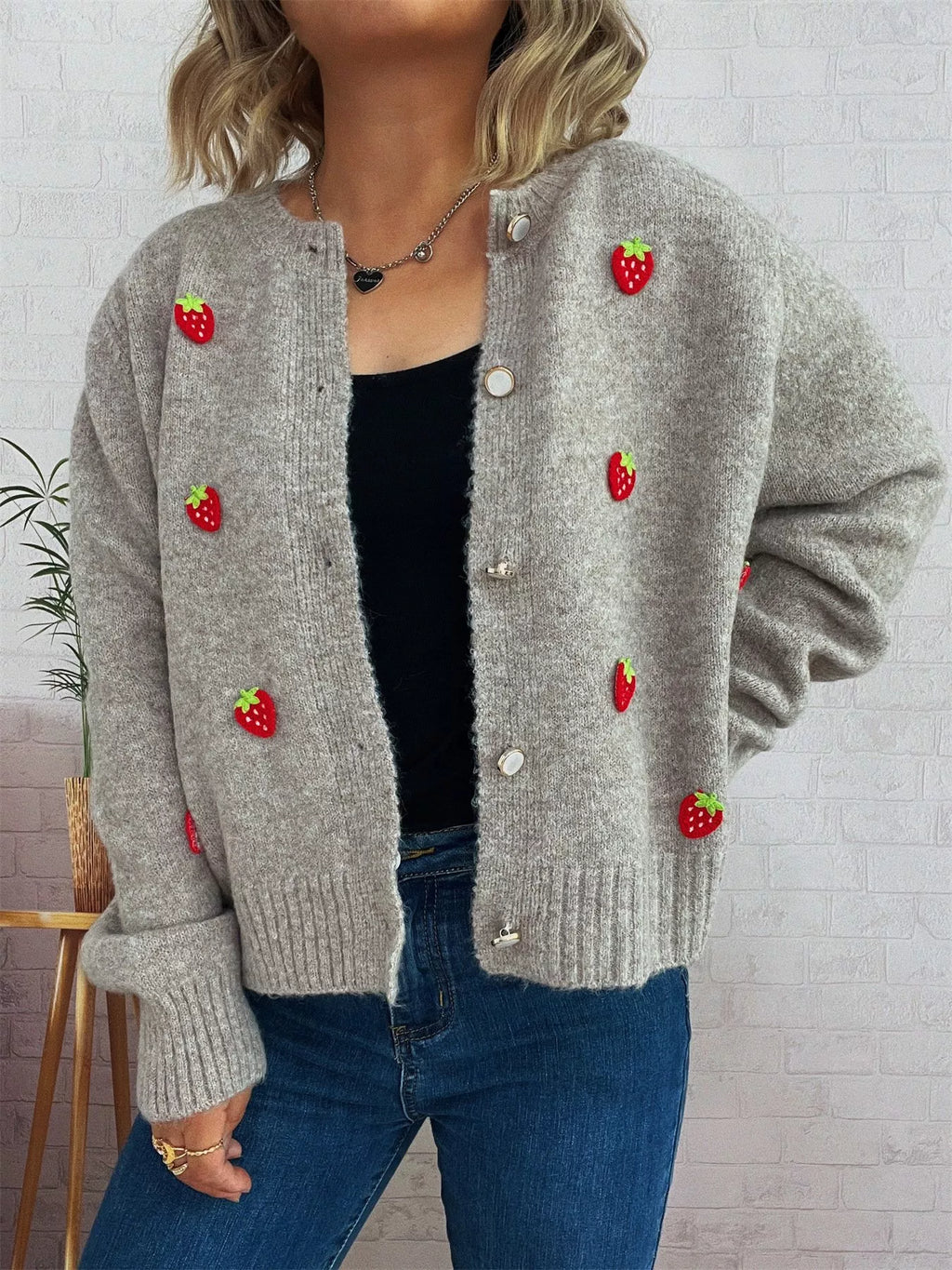 Strawberry Button Up Long Sleeve Cardigan