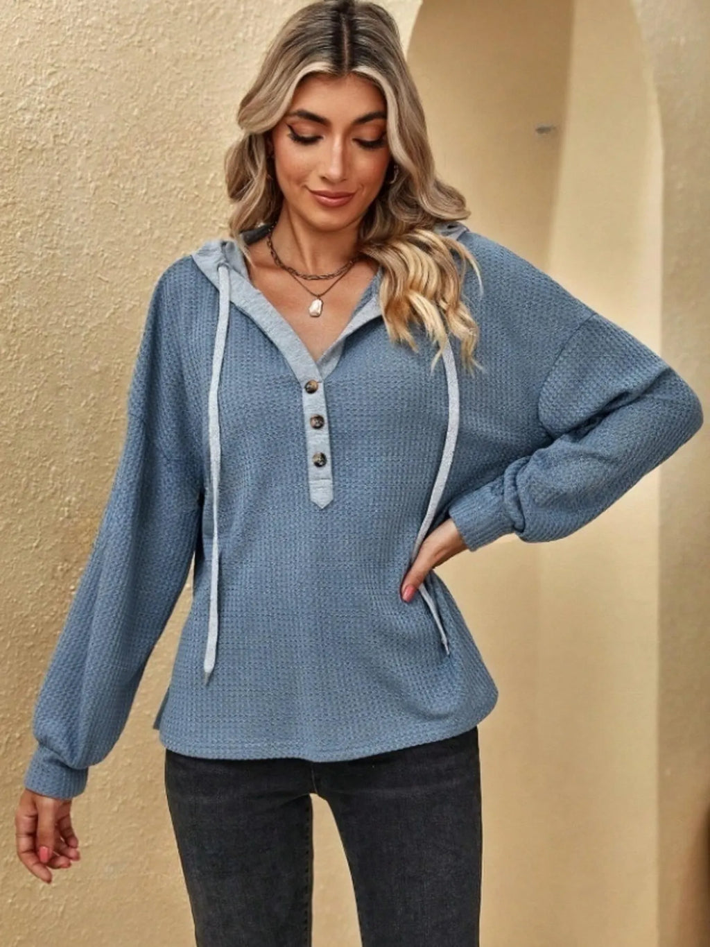 Drawstring Waffle Knit Hoodie