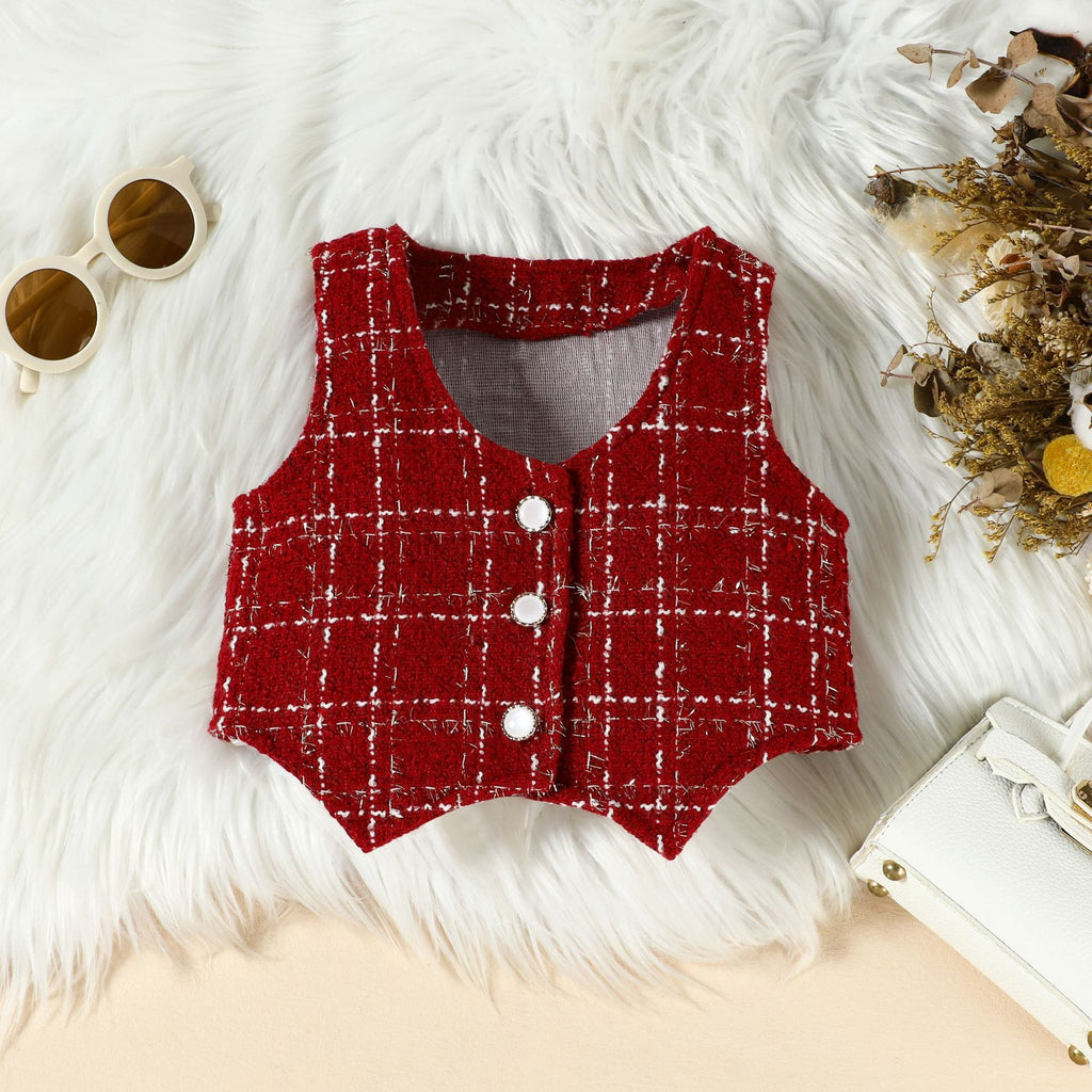 Children's Long Sleeve Top & Plaid Vest & Pleated Skirt Set
