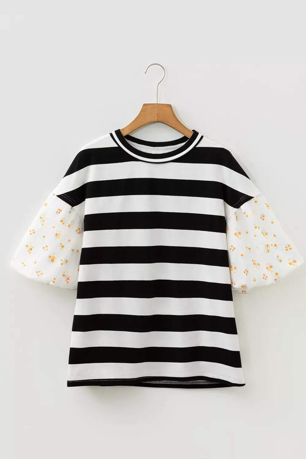 Stripe Floral Print Puff Sleeve Patchwork Blouse