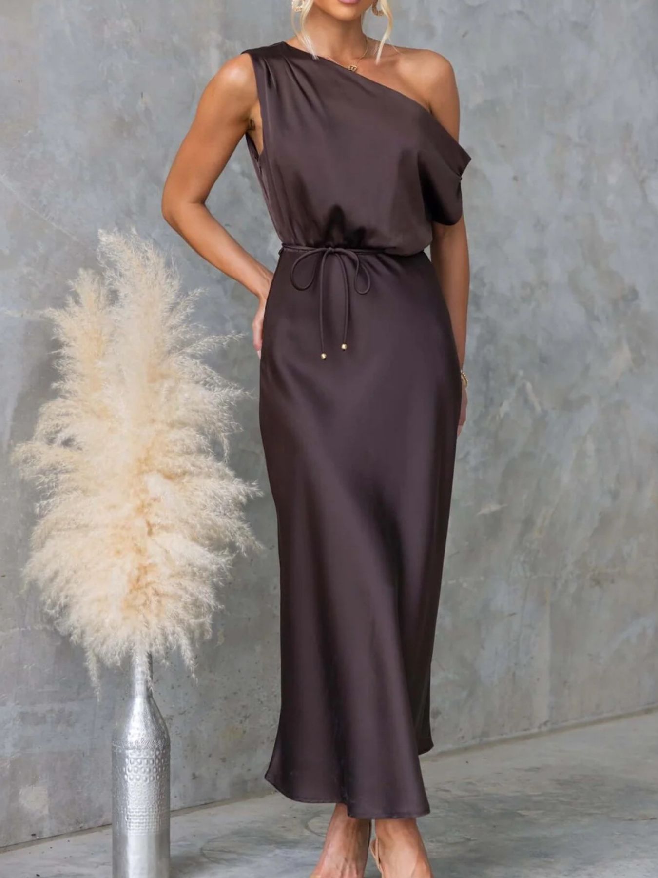 One-Shoulder Tied Midi Dress