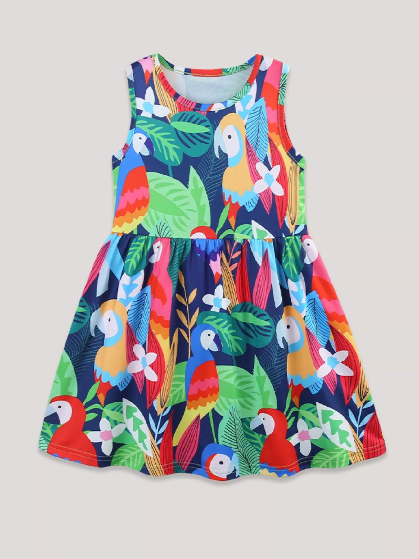 Children's Tropical Parrot Print Sleeveless A-Line Dress