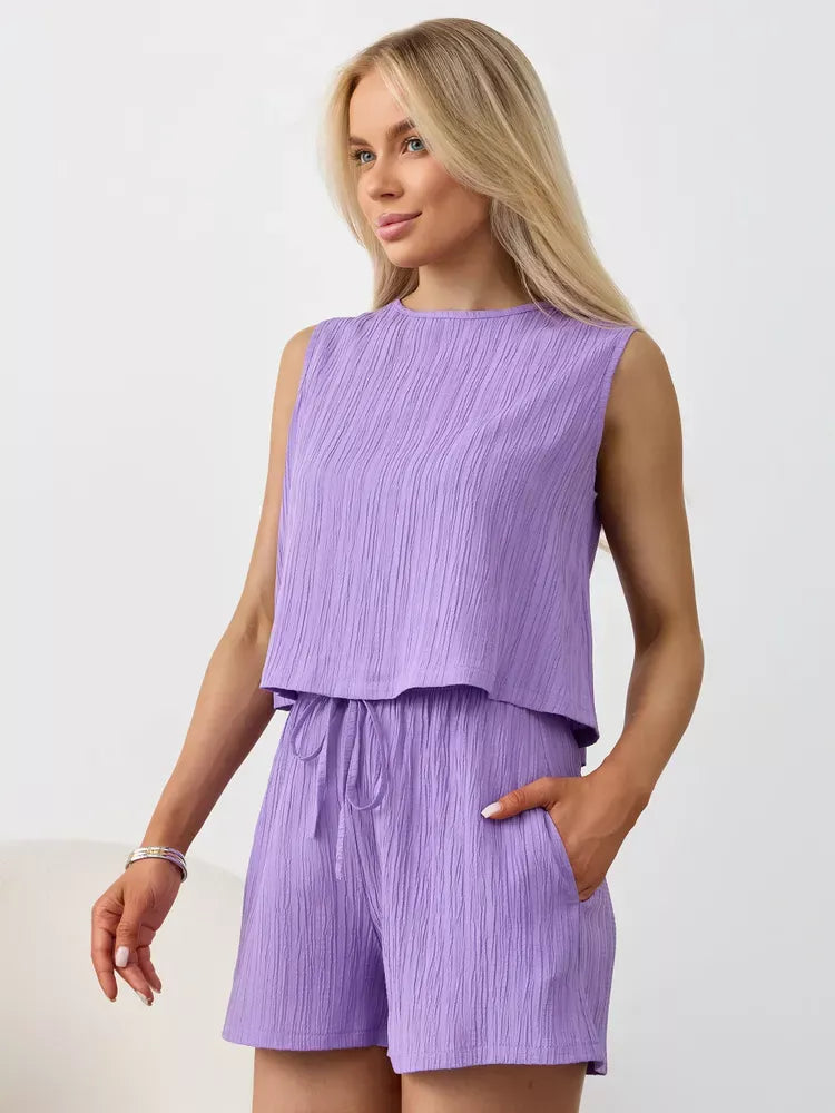 Textured Round Neck Tank and Shorts Set