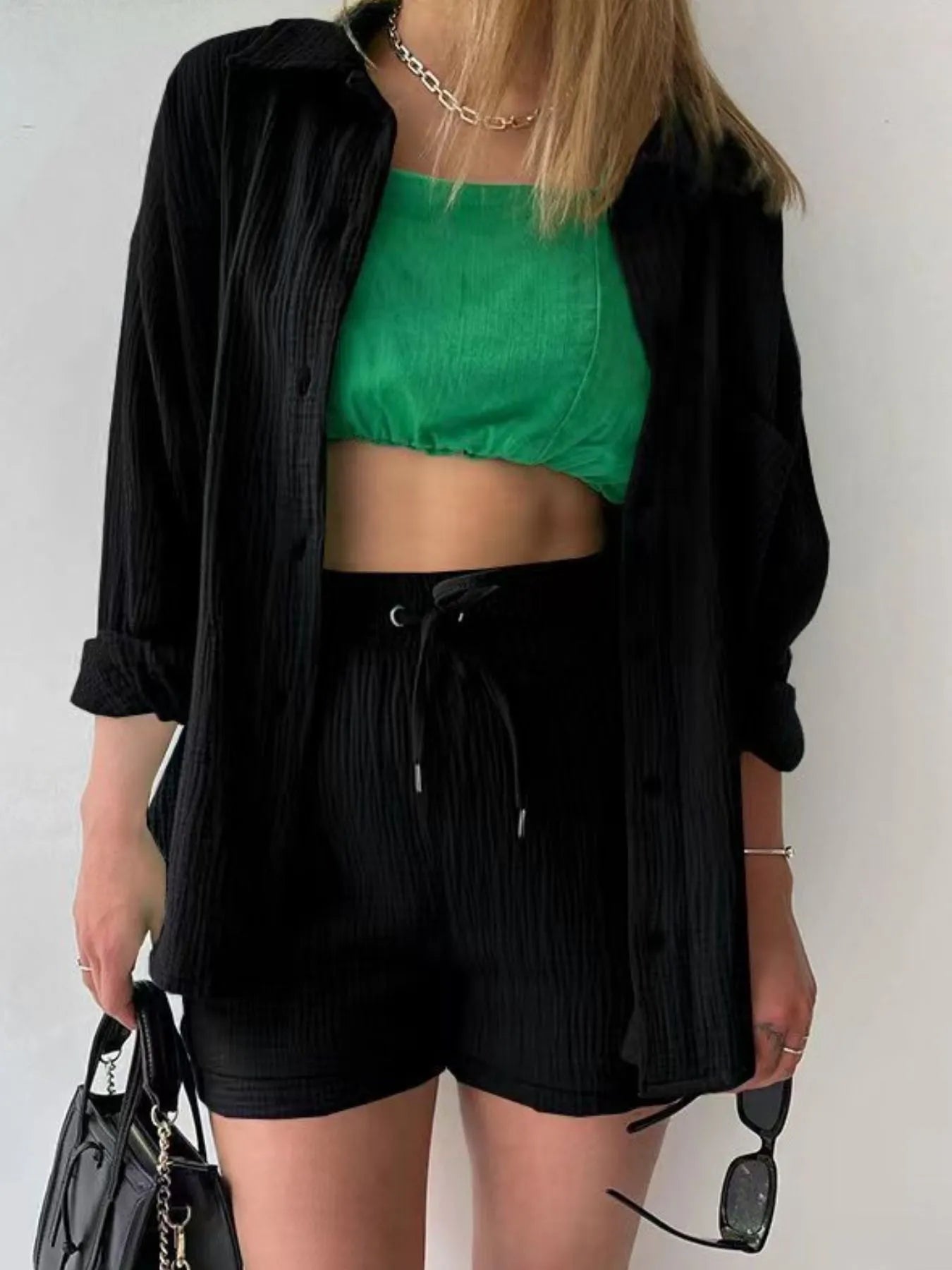 Textured Button Up Shirt and Shorts Set
