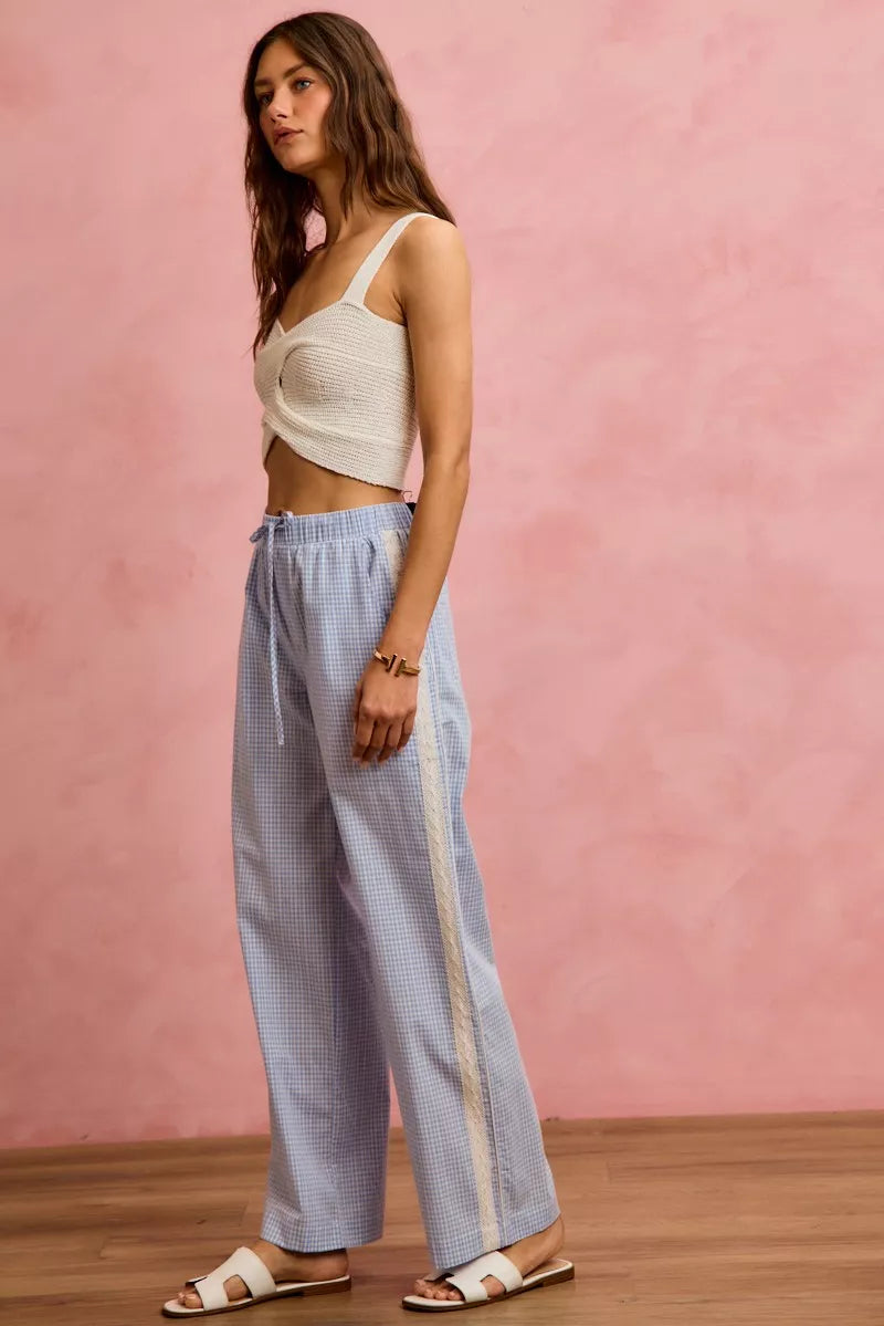 SO ME Wide Check  Pants With Side Lace Trim And Piping
