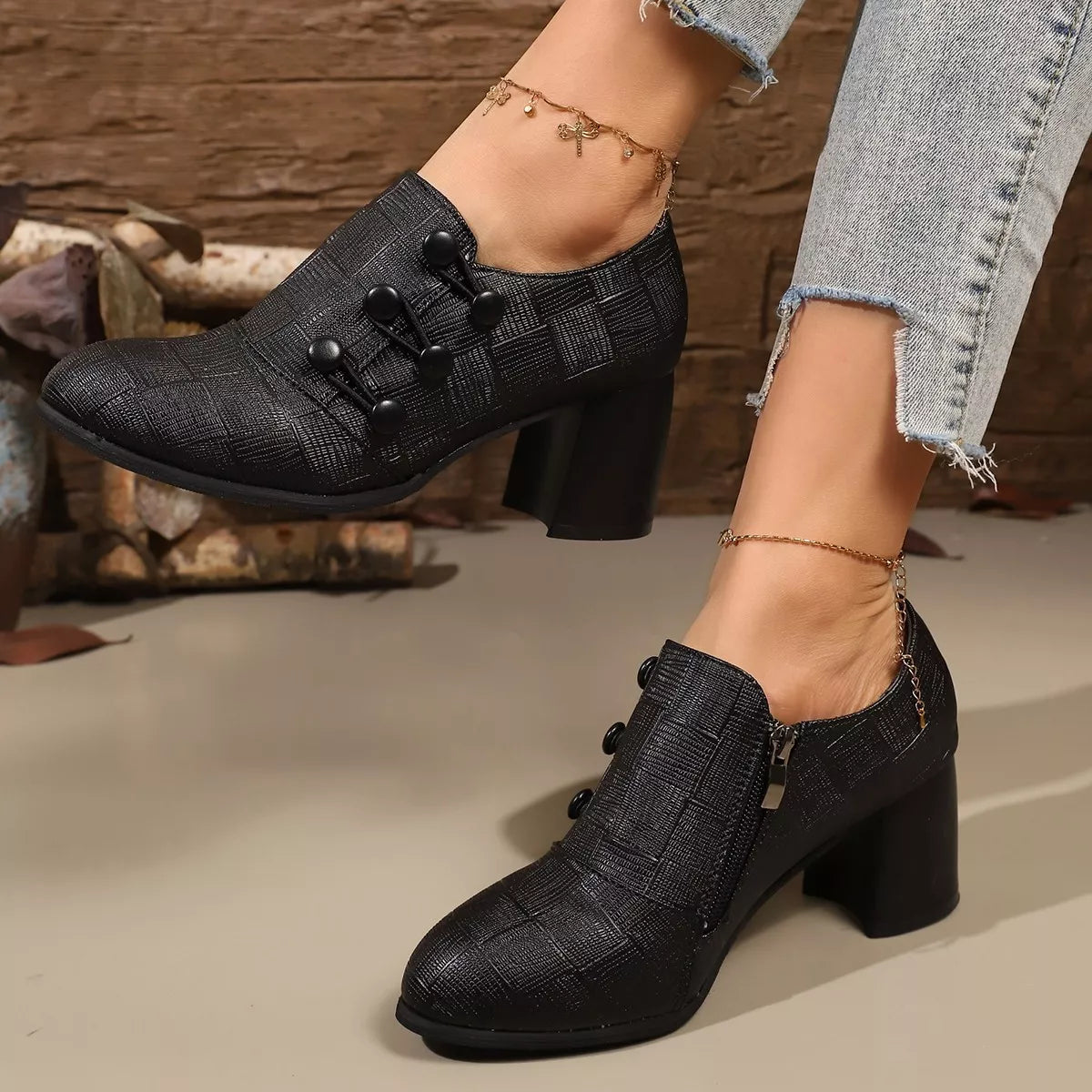 Woven Texture Button Decor Pumps