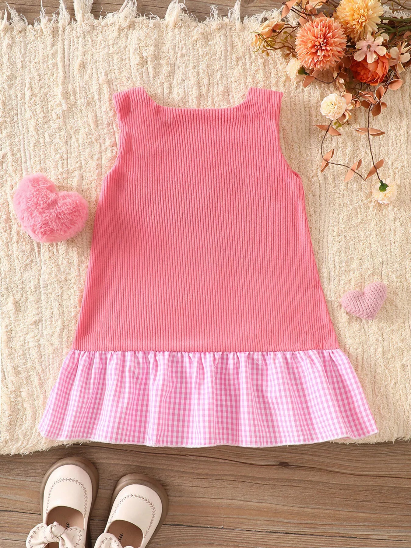 Children's Plaid Hem Corduroy Sleeveless Dress