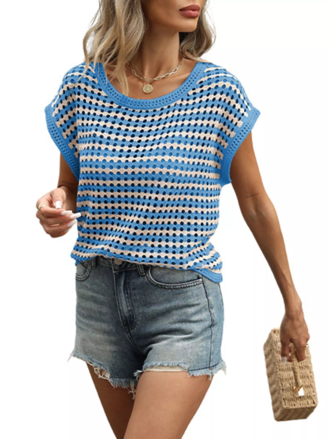 Striped Short Sleeve Crochet Knit Top