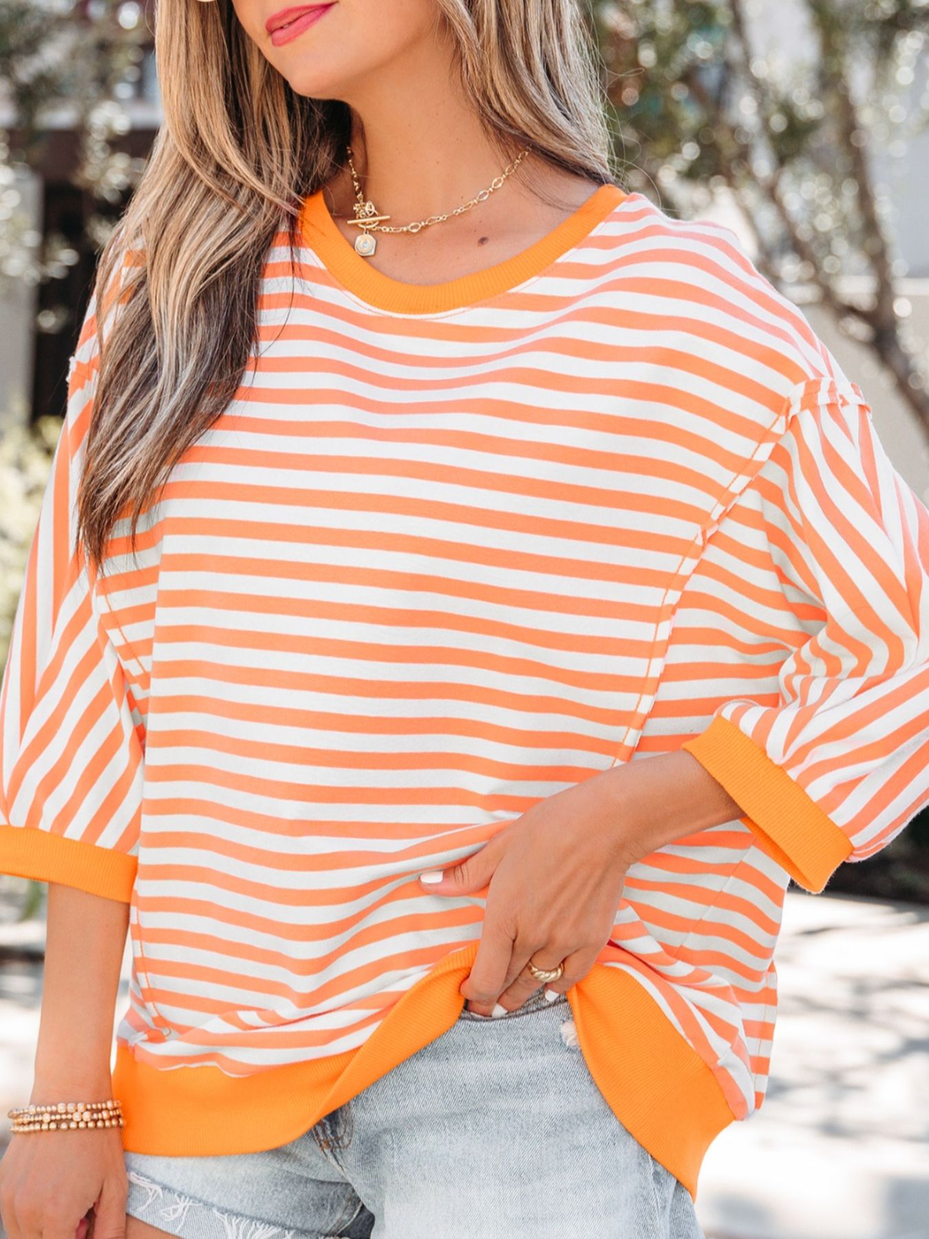 Stripe 3/4 Sleeve Exposed Seam Patchwork Pullover Top