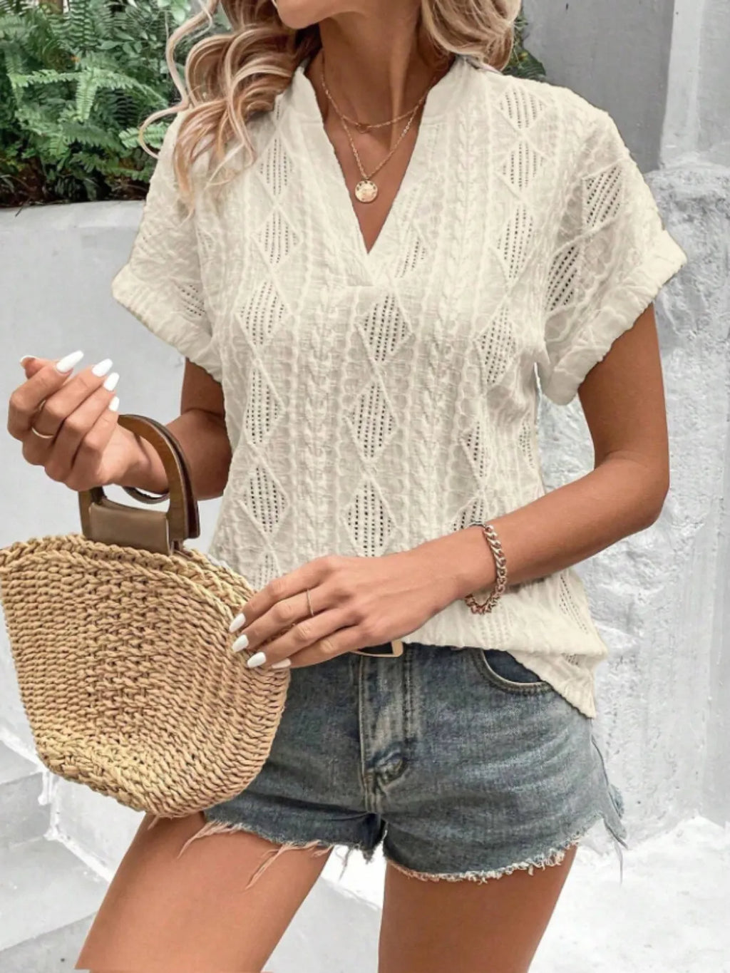 Openwork Notched Short Sleeve Blouse