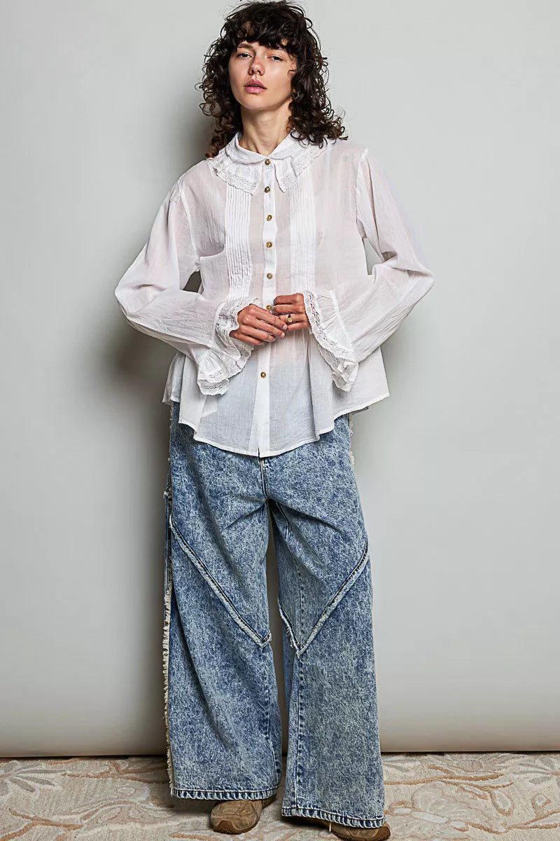 POL Woven Lace Trim Pintuck Button-Down Shirt