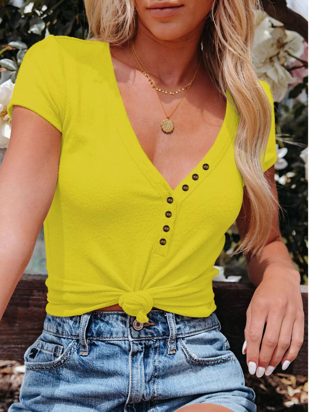 Full Size Casual V-Neck Button Detail T-Shirt Plus Size