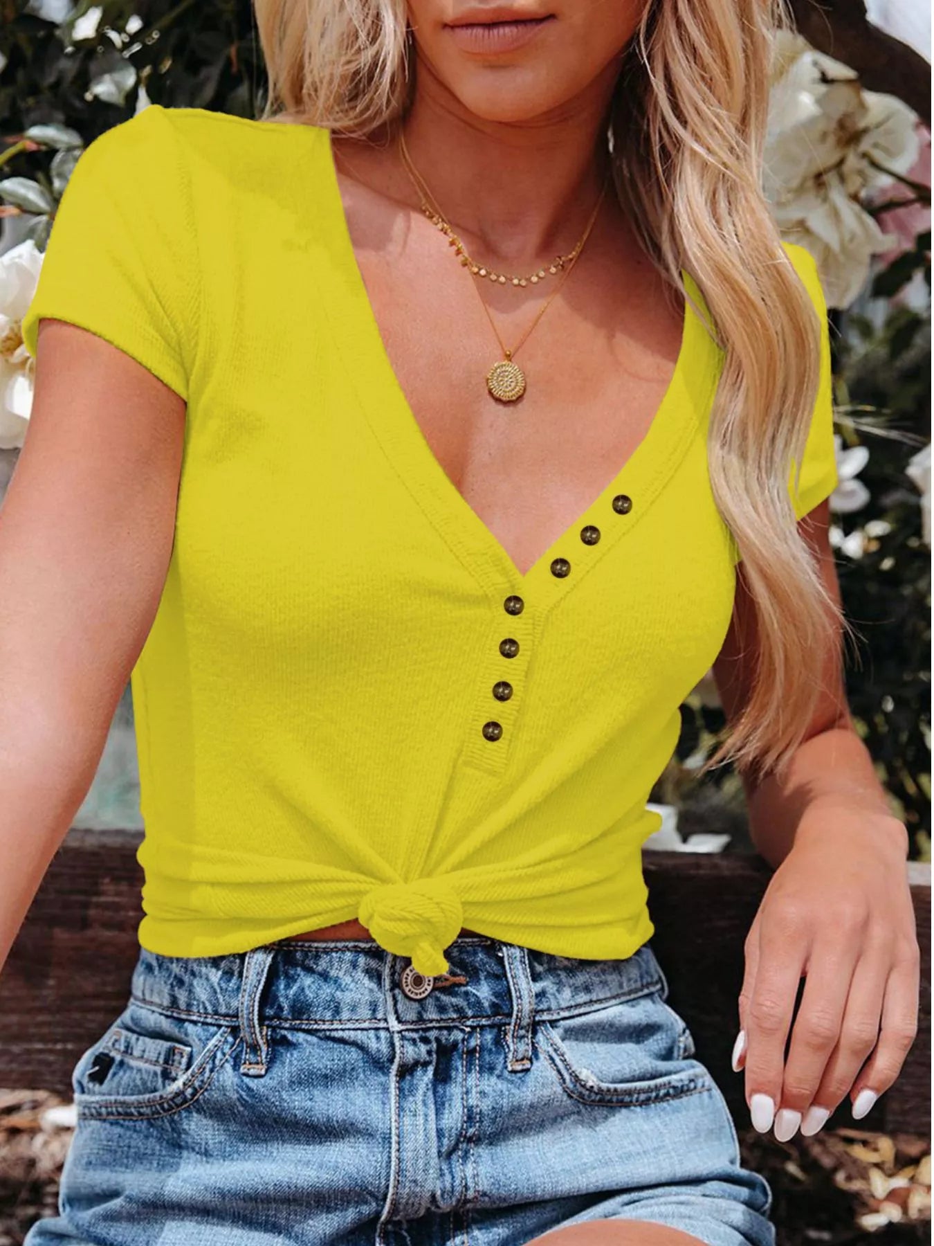 Full Size Casual V-Neck Button Detail T-Shirt Plus Size