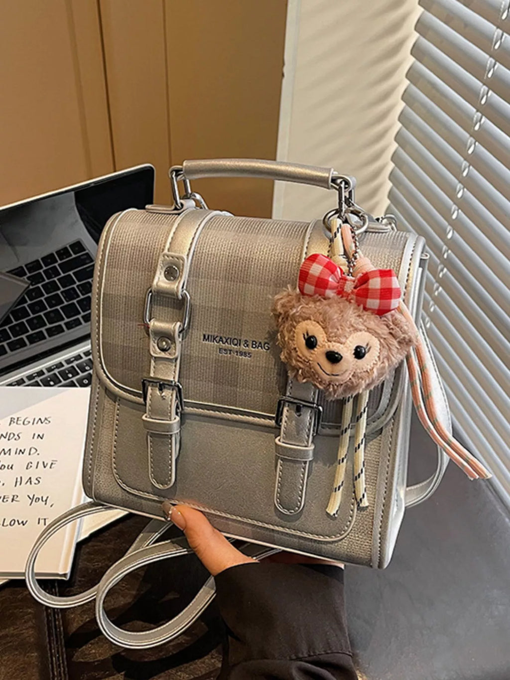 Plaid Backpack Bag with Charm