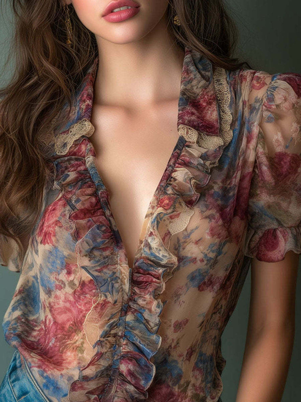 Floral Print Ruffle Trim Blouse