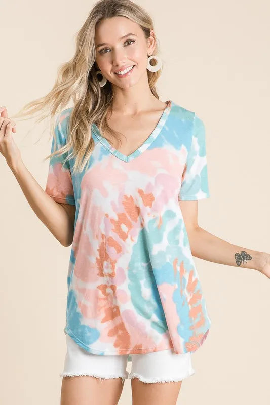 BiBi Circular Tie Dye Print V Neck Top