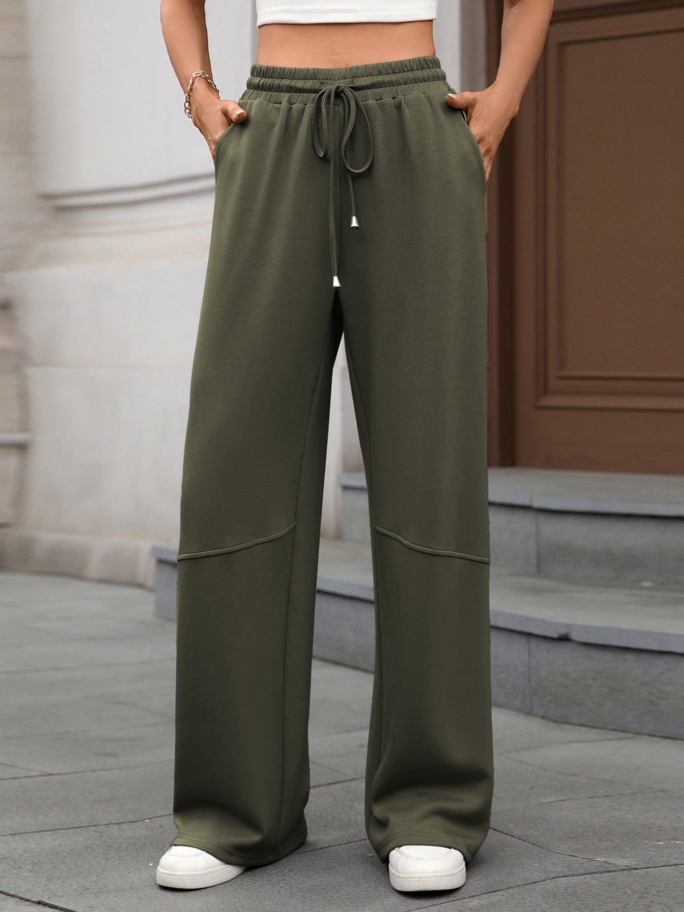 Drawstring High Waist Wide Leg Casual Pants