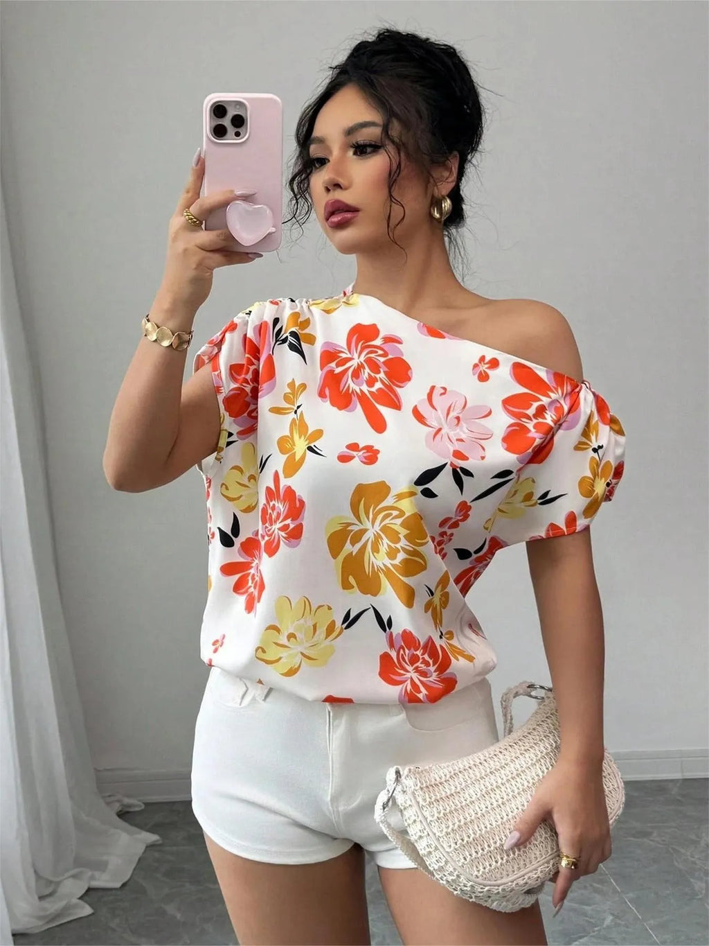 Floral Print One Shoulder Short Sleeve Blouse