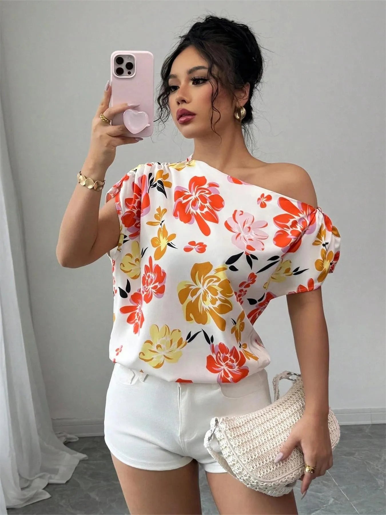 Floral Print One Shoulder Short Sleeve Blouse
