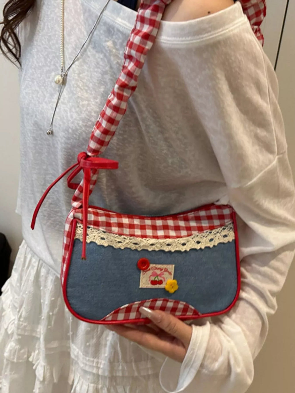 Cherry Plaid Strap Crossbody Bag