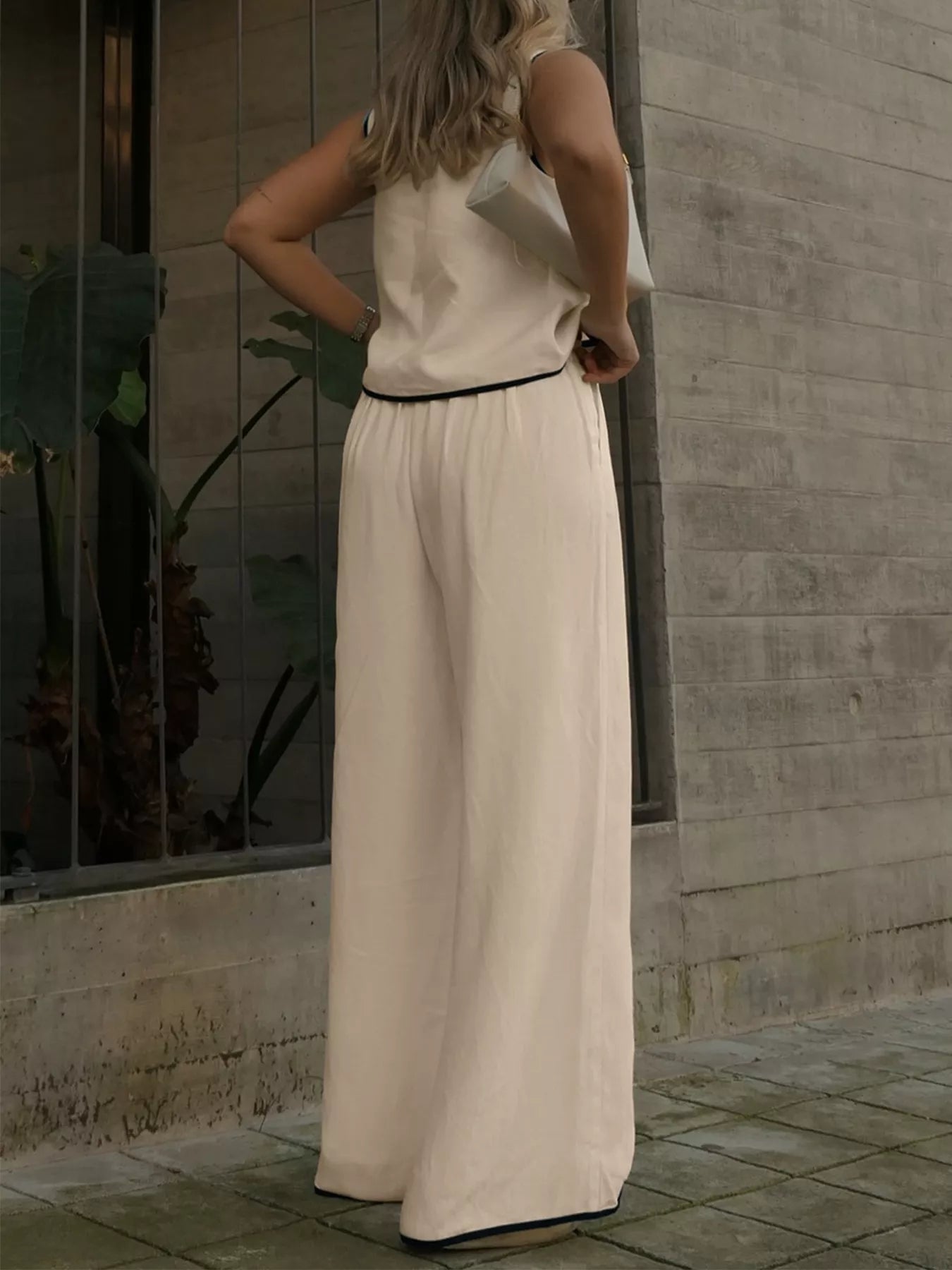 Contrast Trim Top and Wide Leg Pants Set