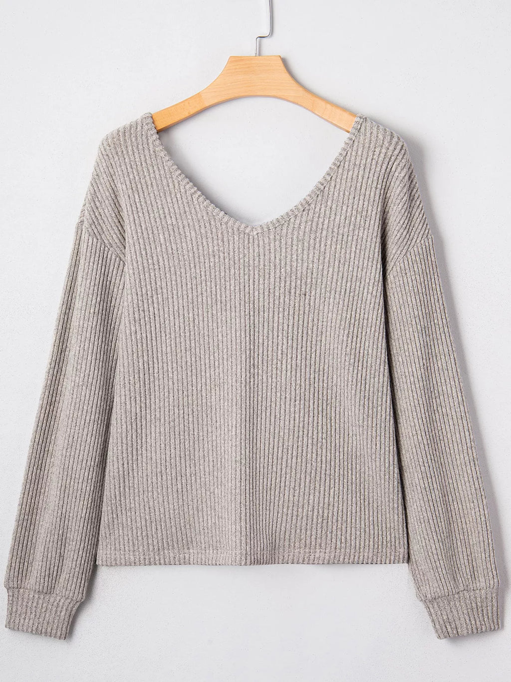 Ribbed V Neck Contrast Ribbon Bow Back Drop Shoulder Long Sleeve Top