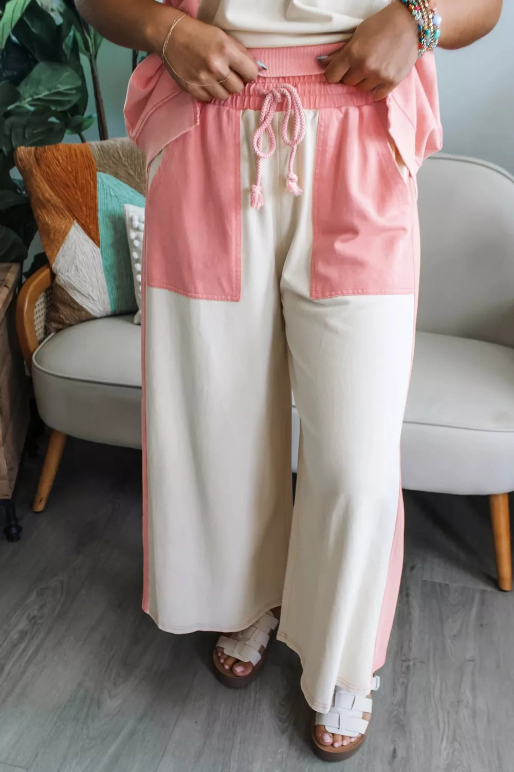 Two-tone Color Block Patchwork Tee Drawstring Loose Pant Set