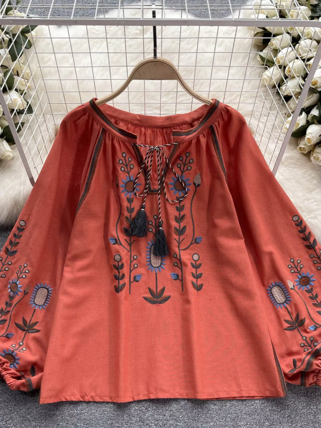 Embroidered Tie Neck Blouse