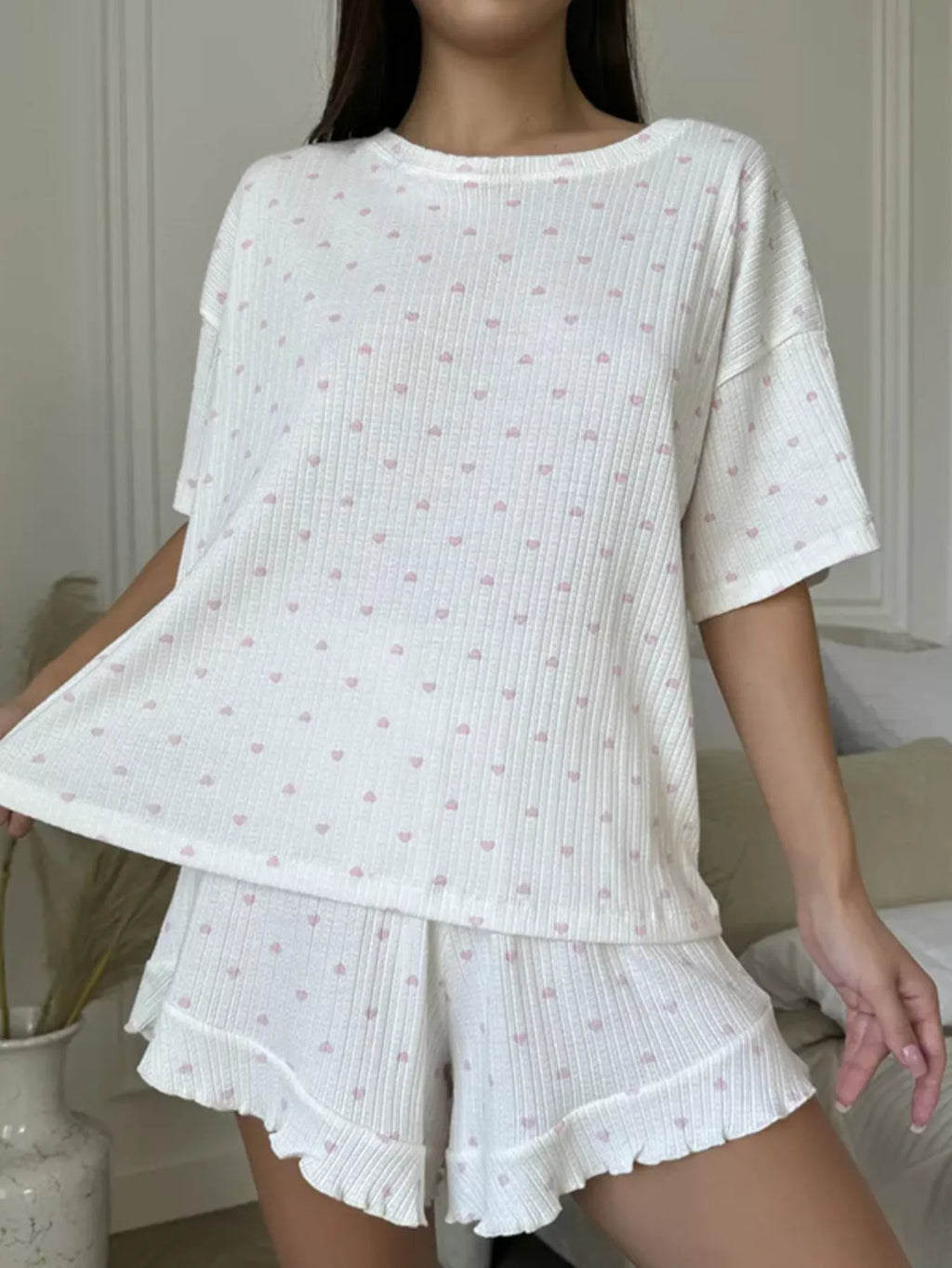 Heart Print Casual Top and Shorts Lounge Set